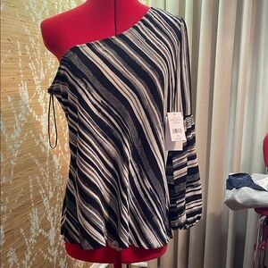 HALSTON Black and White Striped One-Shoulder Top